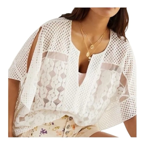Anthropologie Ivory Lace Crochet Split Sleeve Poncho Top One Size Bohemian - Picture 6 of 10